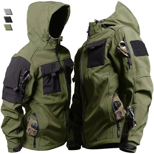 Windproof Outdoor Jacket for Him and Her, Multi Pocket Tactical Coat in Green, Black, and Gray