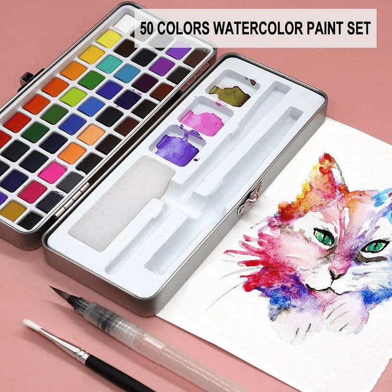 Portable Solid Watercolor Palette Set with 50 Colors, Brush, Sponge, and Mixing Dishes for Artists
