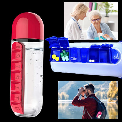 20 oz Leak-Resistant Travel Water Bottle with Integrated Pill Holder in Red, Blue, Pink, Black, and Yellow