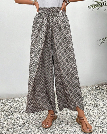 Casual Wide Leg Pants for Women – Loose Fit Geometric Print Trousers with Pockets