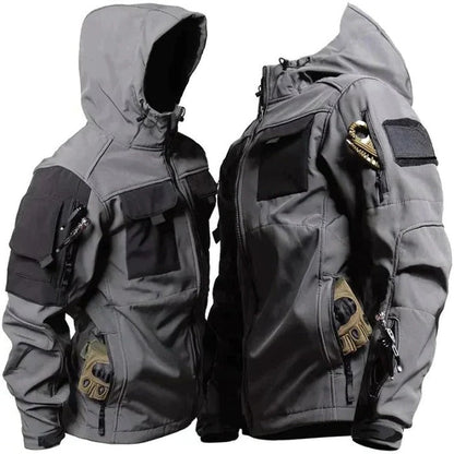 Windproof Outdoor Jacket for Him and Her, Multi Pocket Tactical Coat in Green, Black, and Gray
