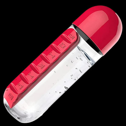 20 oz Leak-Resistant Travel Water Bottle with Integrated Pill Holder in Red, Blue, Pink, Black, and Yellow