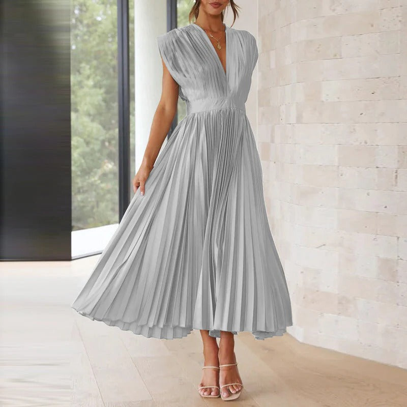 Women's Midi Dress with V Neck, Pleated Tie Back and Adjustable Waist