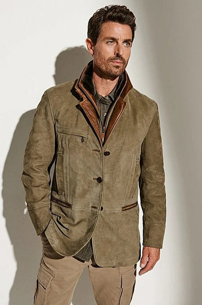Men's Fitted Zip Jacket in Vintage Suede, Insulated with Pockets, S-5XL
