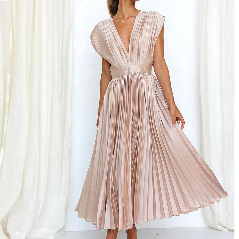 Women's Midi Dress with V Neck, Pleated Tie Back and Adjustable Waist