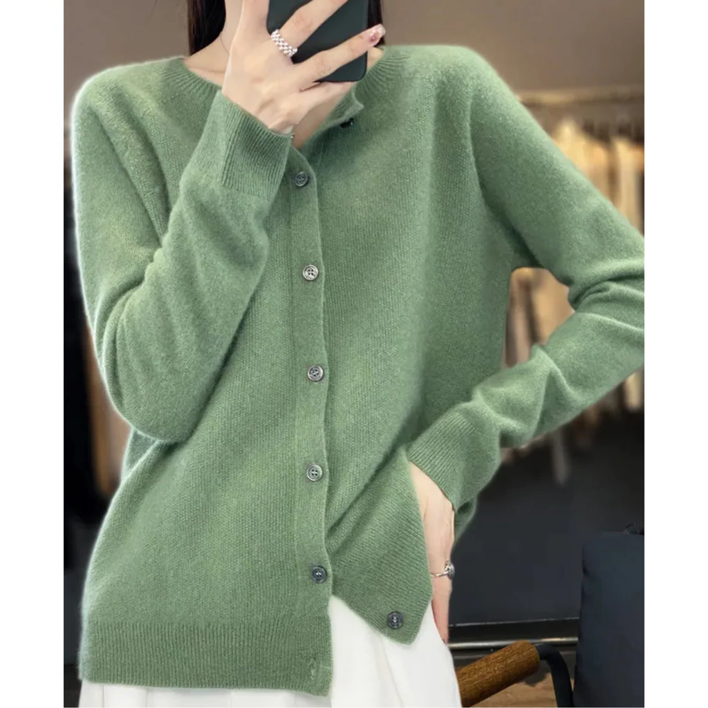 Plus Size Women's Long Sleeve Button-Up Knit Cardigan with Round Neck, S to 3XL