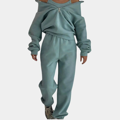 Soft Breathable Women's Loungewear Set - Half Zip Vest and Joggers