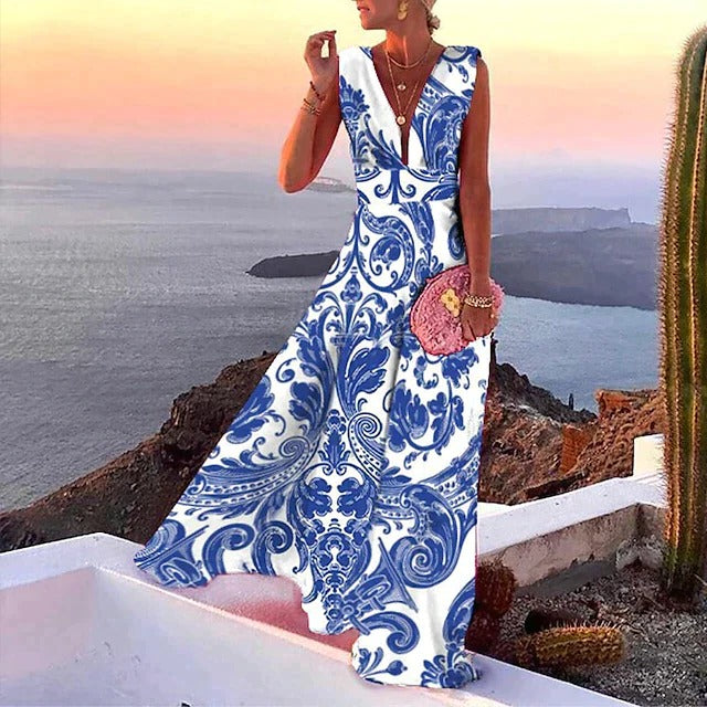 Sleeveless V Neck Maxi Dress for Women with Fitted Waist in Lightweight Summer Fabric