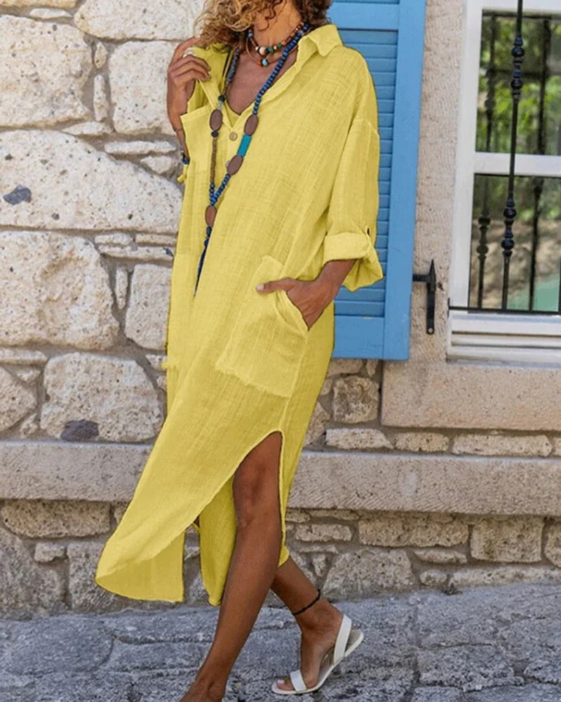 Casual Summer Dress for Women – Loose Fit Long Sleeve Linen Shirt with Pockets