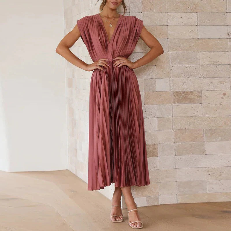 Women's Midi Dress with V Neck, Pleated Tie Back and Adjustable Waist