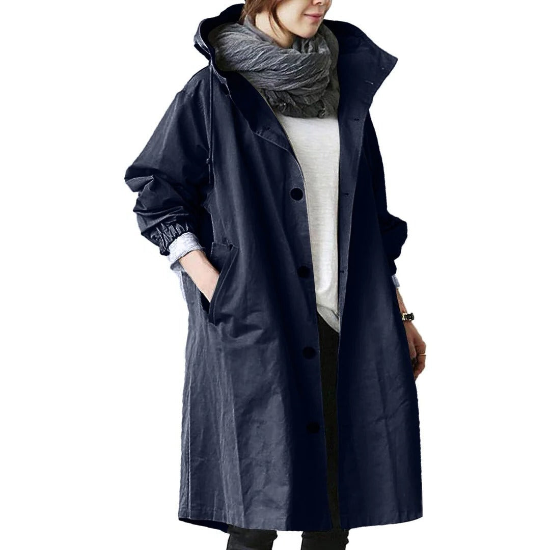 Breathable Hooded Rain Jacket for Women - Long Waterproof Coat with Adjustable Features and Pockets