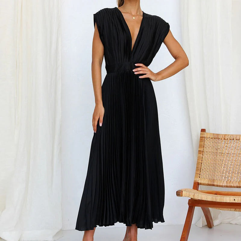 Women's Midi Dress with V Neck, Pleated Tie Back and Adjustable Waist