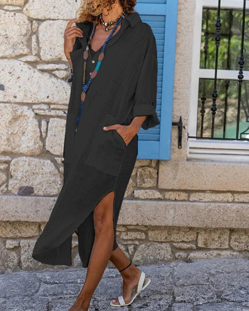 Casual Summer Dress for Women – Loose Fit Long Sleeve Linen Shirt with Pockets