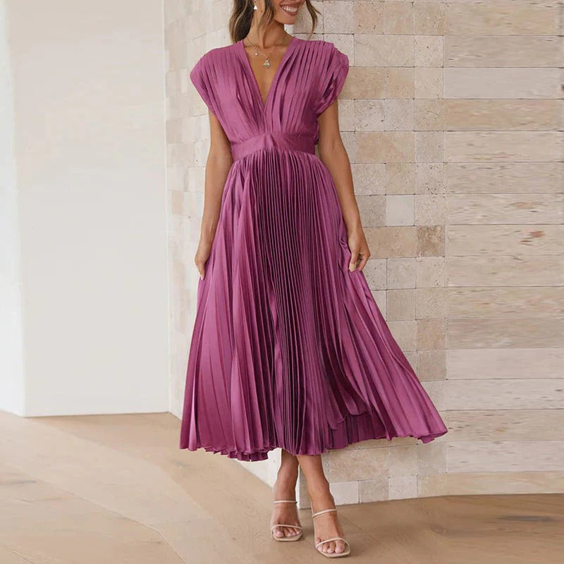 Women's Midi Dress with V Neck, Pleated Tie Back and Adjustable Waist