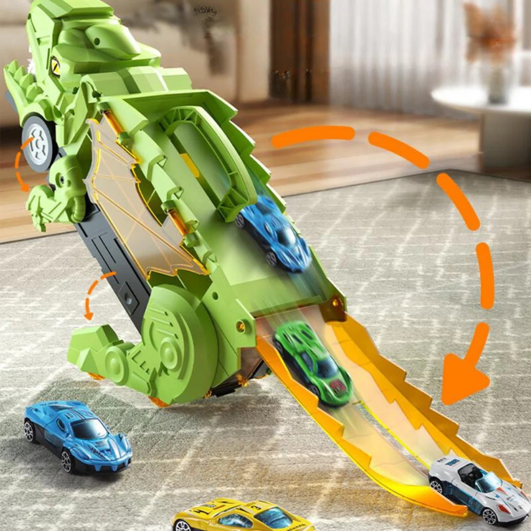 Transforming Dino Truck Playset with Racing Tracks and Cars