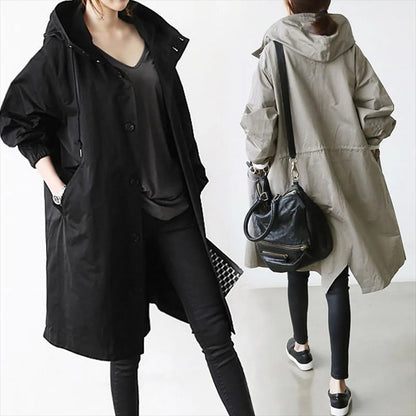 Breathable Hooded Rain Jacket for Women - Long Waterproof Coat with Adjustable Features and Pockets