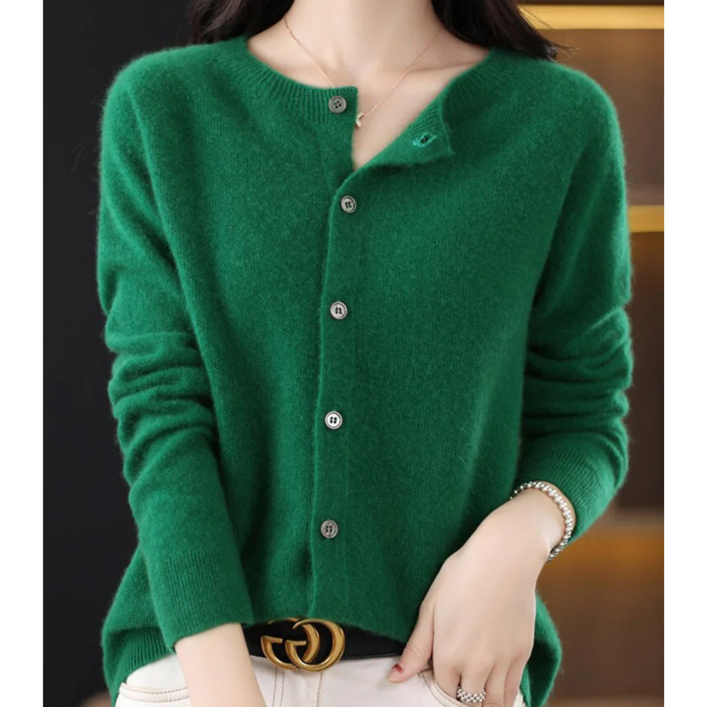 Plus Size Women's Long Sleeve Button-Up Knit Cardigan with Round Neck, S to 3XL