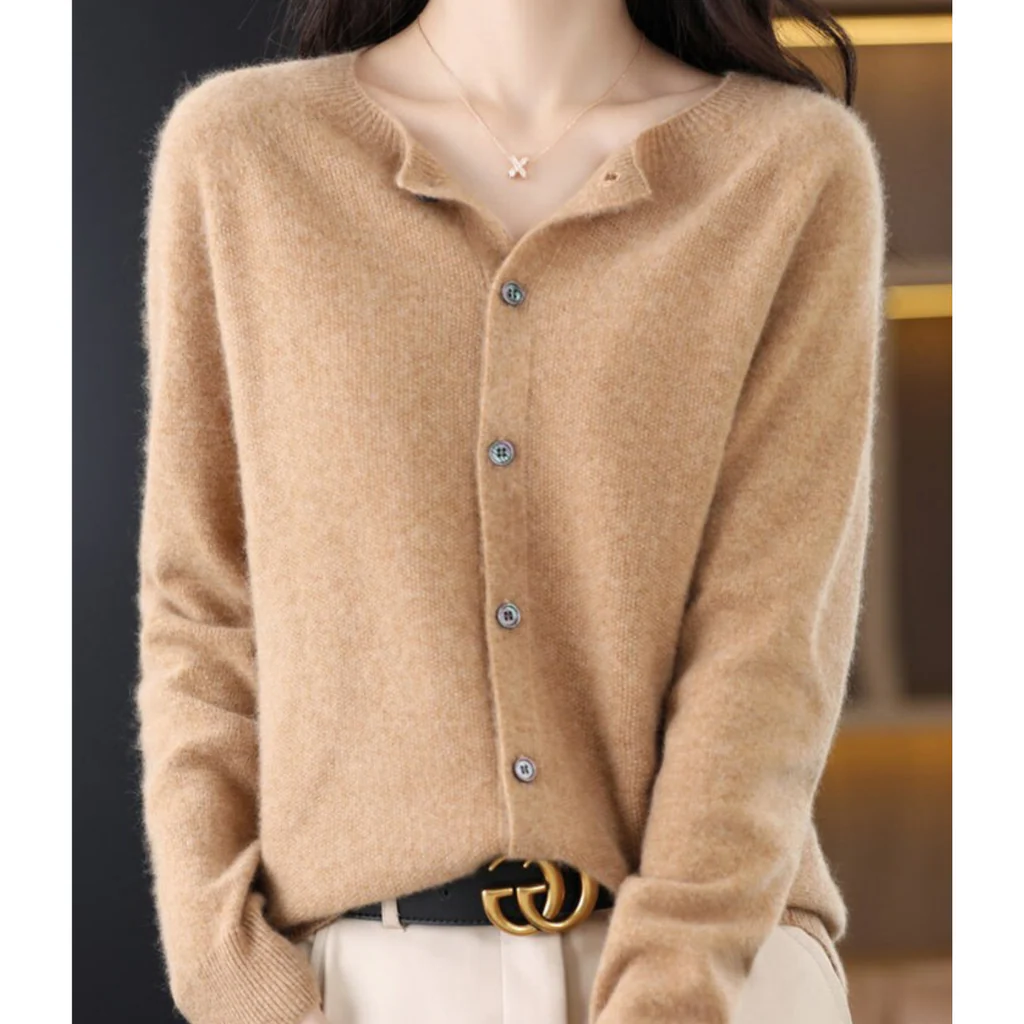 Plus Size Women's Long Sleeve Button-Up Knit Cardigan with Round Neck, S to 3XL