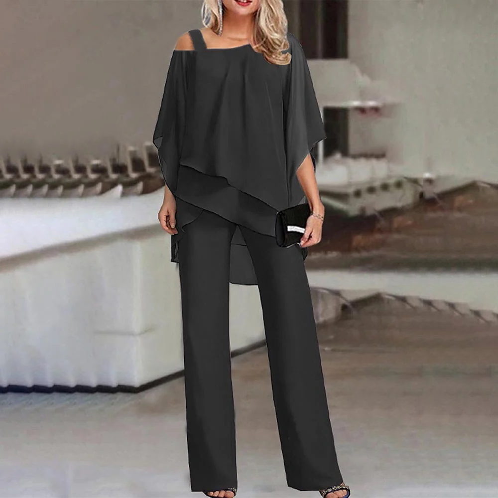 Elegant Women's Business Suit Outfit with Cold Shoulder Top and Long Pants
