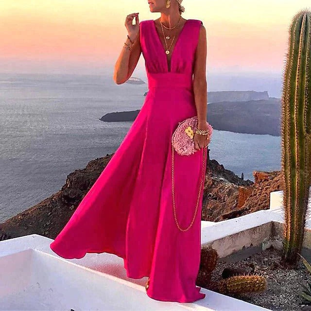 Sleeveless V Neck Maxi Dress for Women with Fitted Waist in Lightweight Summer Fabric