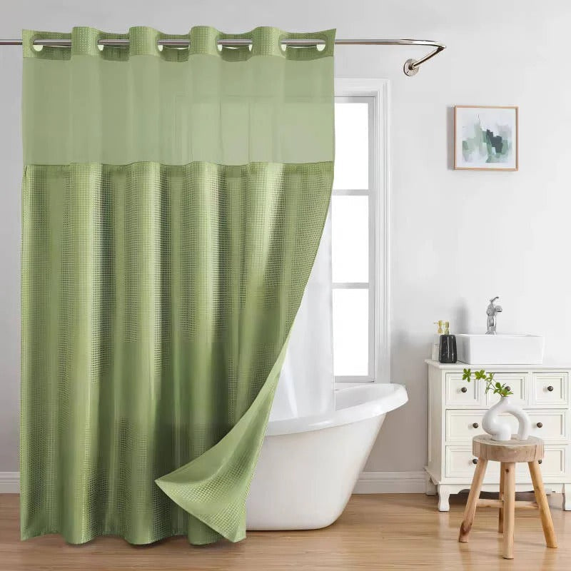 Shower Curtain with Mesh Window and Built-In Rings, Waterproof Waffle Design