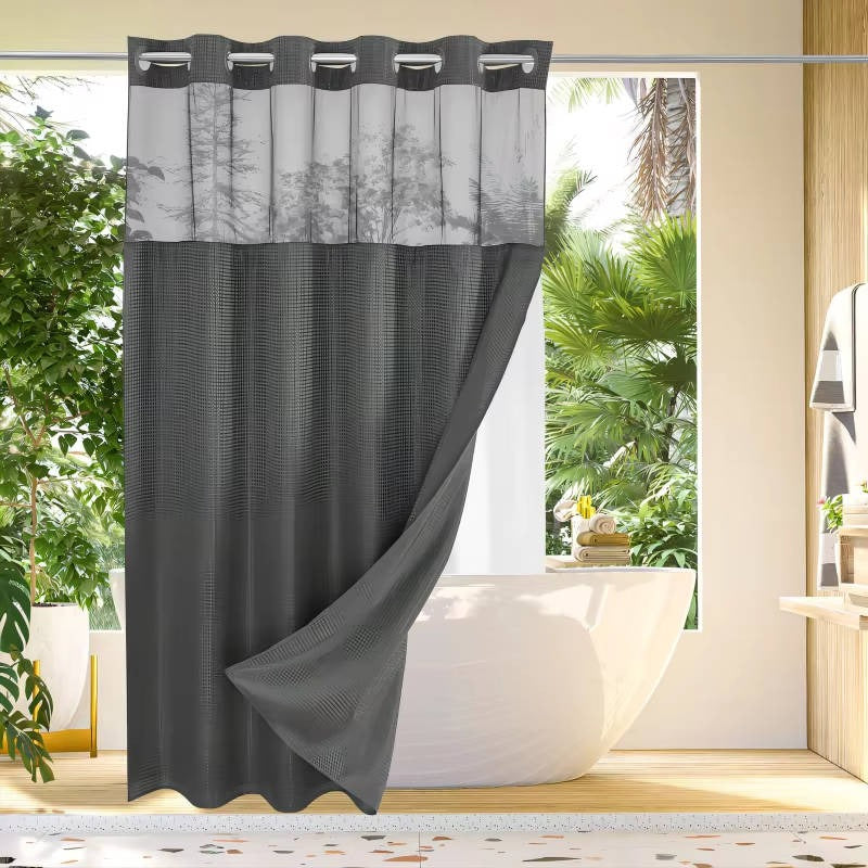 Shower Curtain with Mesh Window and Built-In Rings, Waterproof Waffle Design