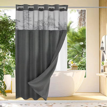 Shower Curtain with Mesh Window and Built-In Rings, Waterproof Waffle Design