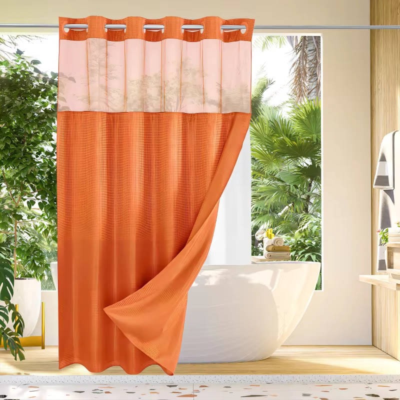 Shower Curtain with Mesh Window and Built-In Rings, Waterproof Waffle Design