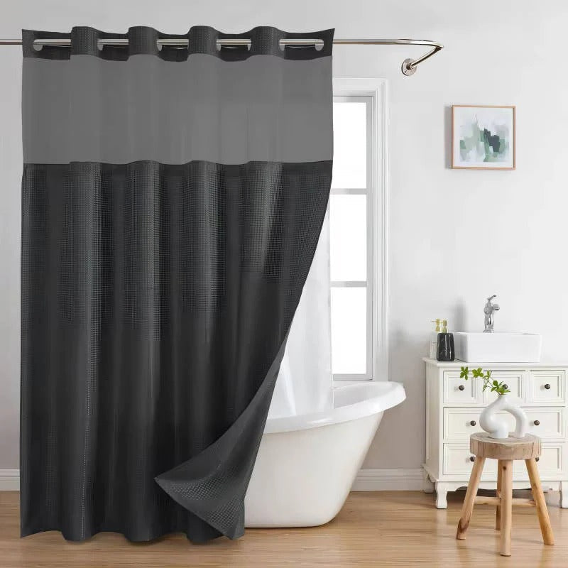 Shower Curtain with Mesh Window and Built-In Rings, Waterproof Waffle Design