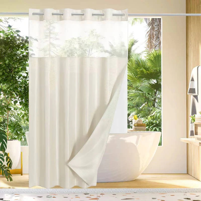 Shower Curtain with Mesh Window and Built-In Rings, Waterproof Waffle Design