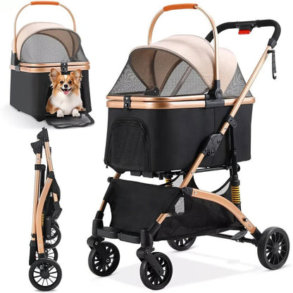 Compact Pet Carrier Stroller with Removable Travel Box and Safety Brake