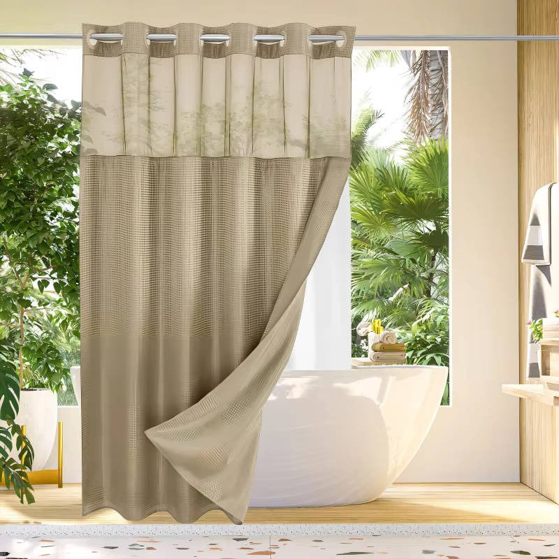 Shower Curtain with Mesh Window and Built-In Rings, Waterproof Waffle Design