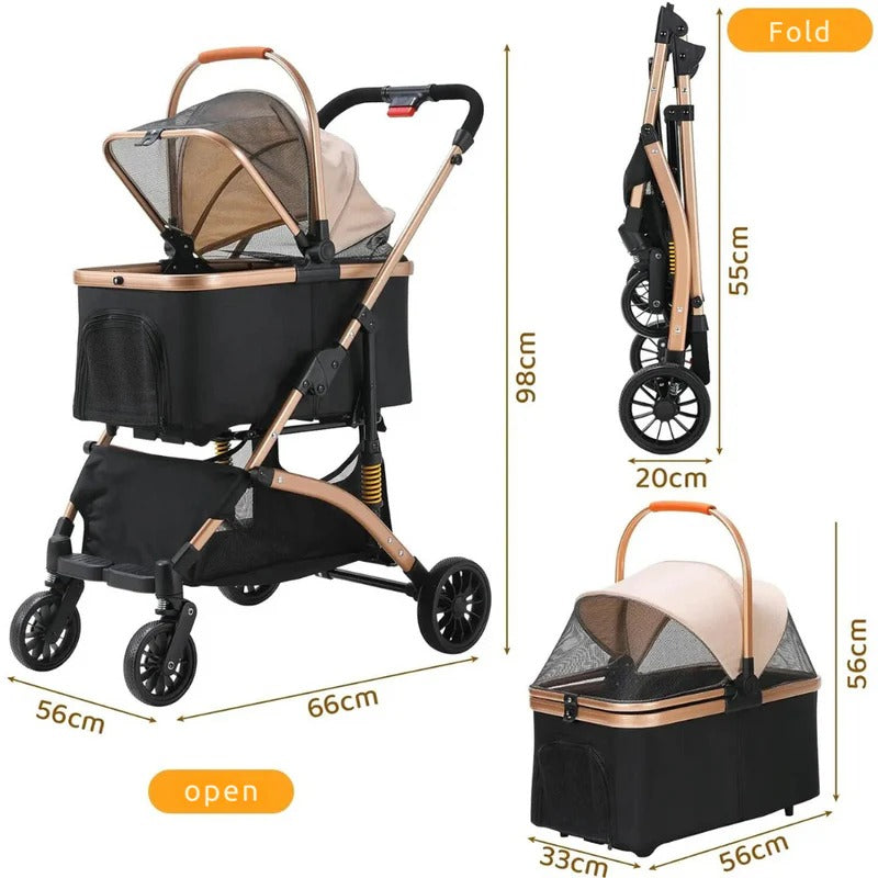 Compact Pet Carrier Stroller with Removable Travel Box and Safety Brake