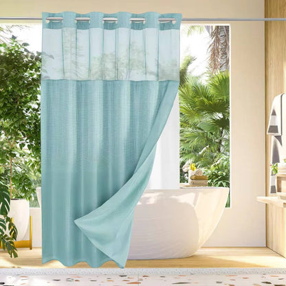 Shower Curtain with Mesh Window and Built-In Rings, Waterproof Waffle Design