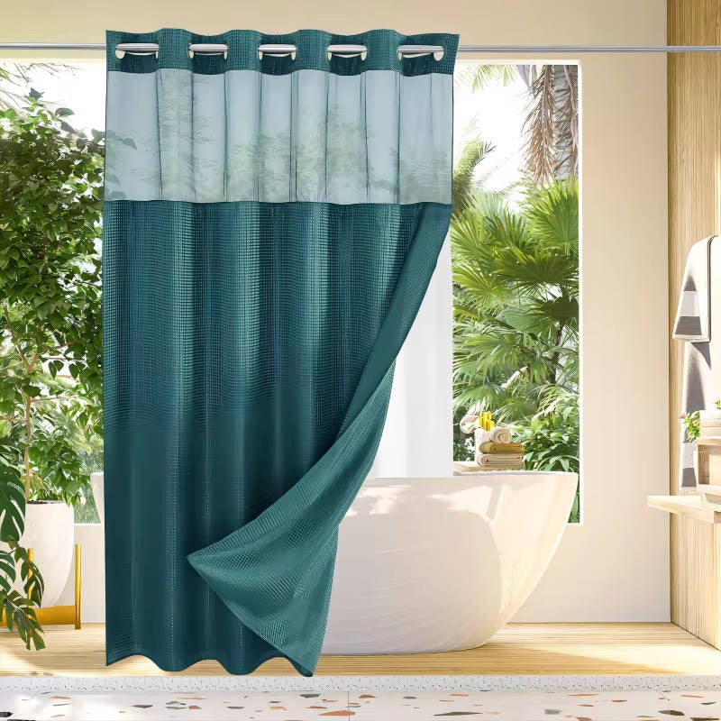 Shower Curtain with Mesh Window and Built-In Rings, Waterproof Waffle Design