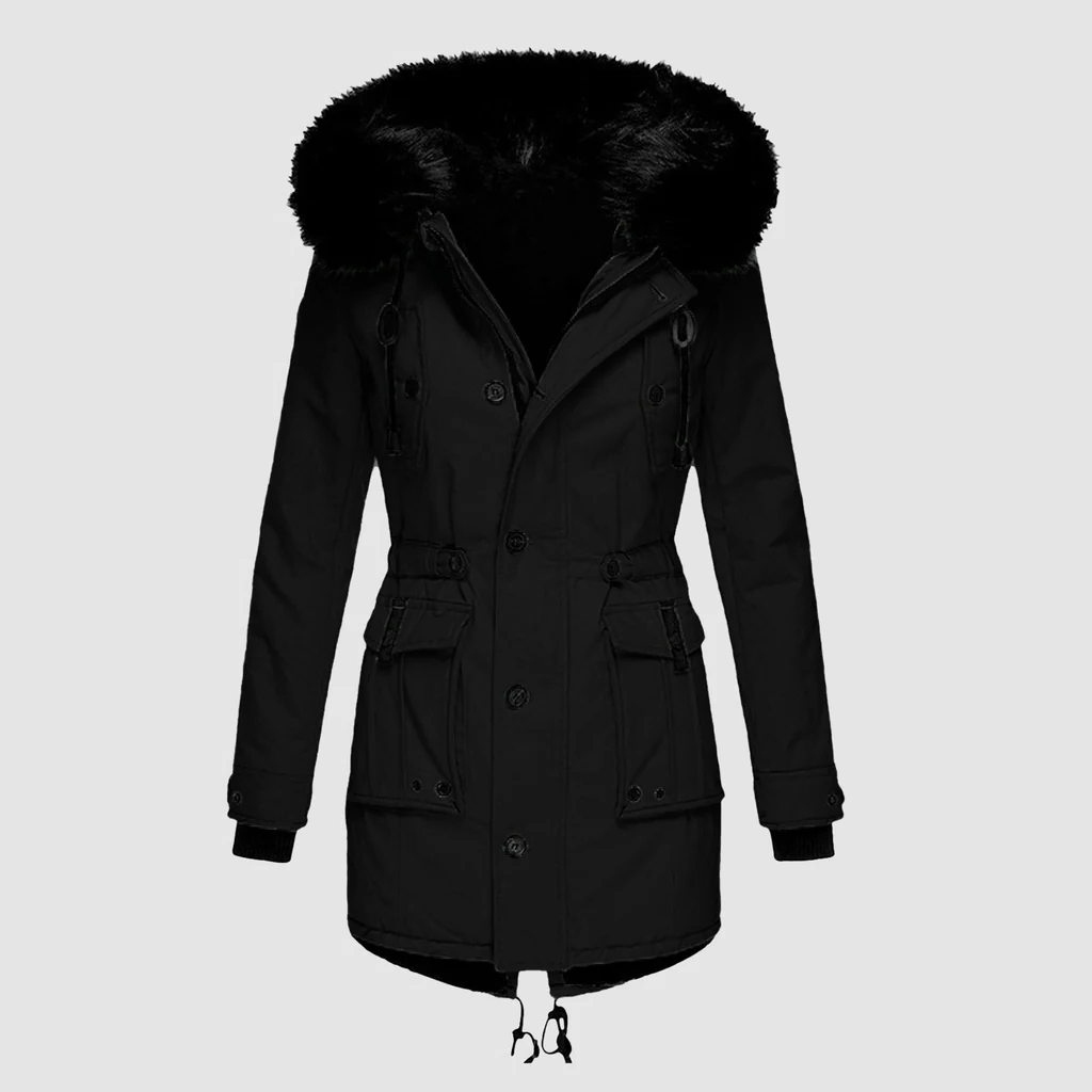 Elegant Winter Parka Jacket for Women, Warm Coat with Wind Protection, S-5XL, Black and Gold