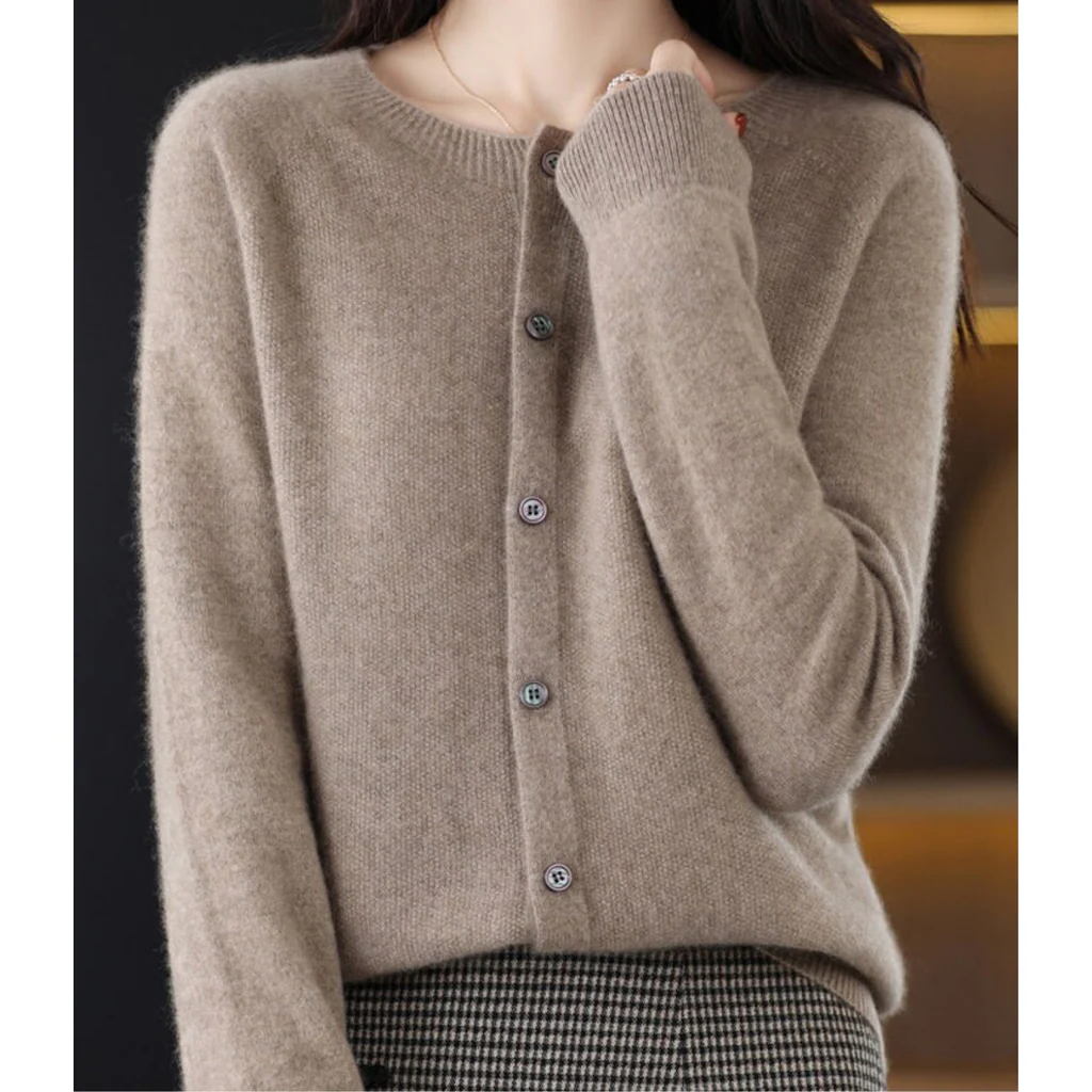 Plus Size Women's Long Sleeve Button-Up Knit Cardigan with Round Neck, S to 3XL