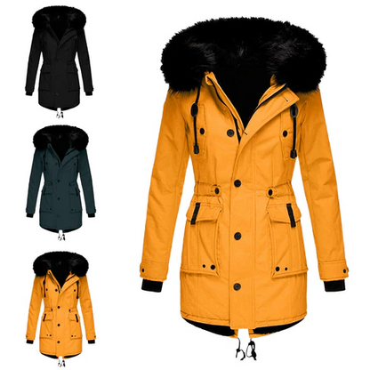 Elegant Winter Parka Jacket for Women, Warm Coat with Wind Protection, S-5XL, Black and Gold