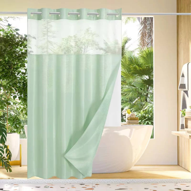 Shower Curtain with Mesh Window and Built-In Rings, Waterproof Waffle Design