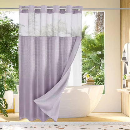 Shower Curtain with Mesh Window and Built-In Rings, Waterproof Waffle Design