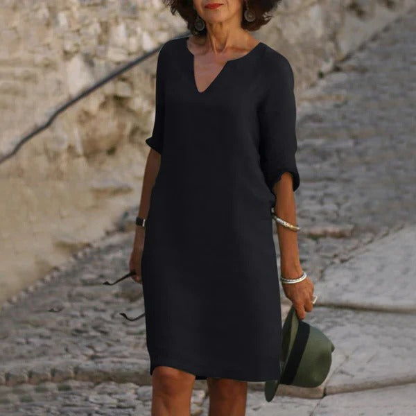 Relaxed Fit Cotton Blend Dress with 3/4 Sleeves for All-Day Comfort