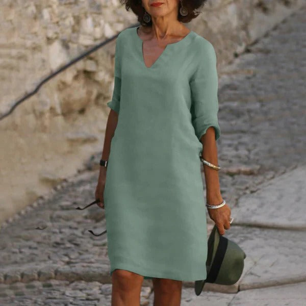 Relaxed Fit Cotton Blend Dress with 3/4 Sleeves for All-Day Comfort