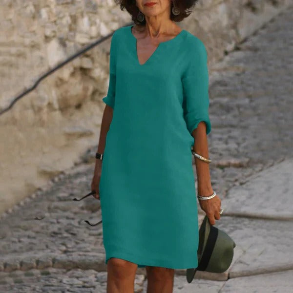 Relaxed Fit Cotton Blend Dress with 3/4 Sleeves for All-Day Comfort