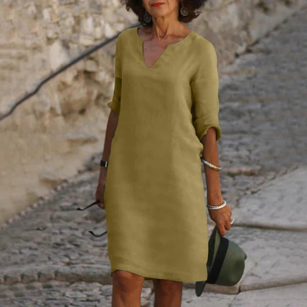 Relaxed Fit Cotton Blend Dress with 3/4 Sleeves for All-Day Comfort