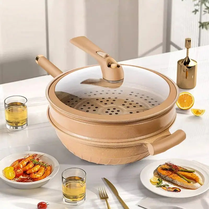 Versatile Nonstick Cooking Wok with Pressure-Sealed Lid