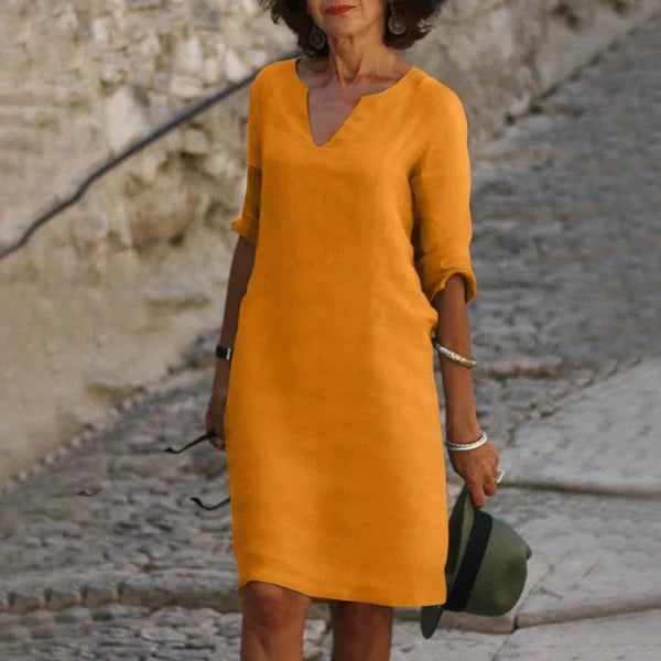 Relaxed Fit Cotton Blend Dress with 3/4 Sleeves for All-Day Comfort