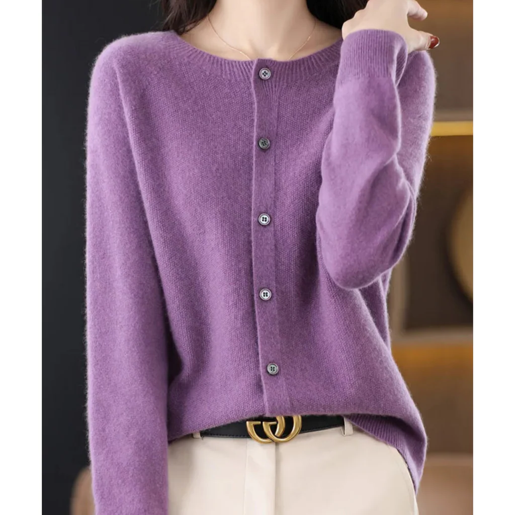 Plus Size Women's Long Sleeve Button-Up Knit Cardigan with Round Neck, S to 3XL
