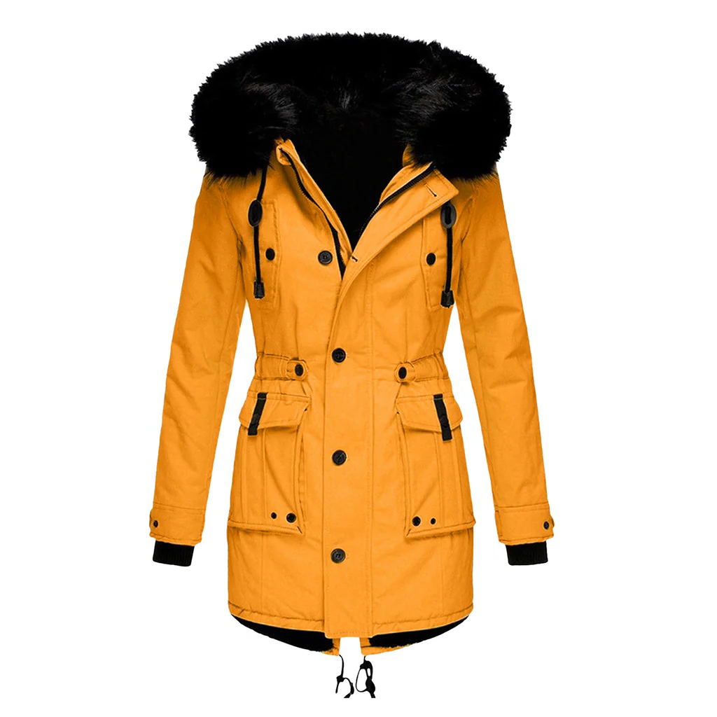 Elegant Winter Parka Jacket for Women, Warm Coat with Wind Protection, S-5XL, Black and Gold