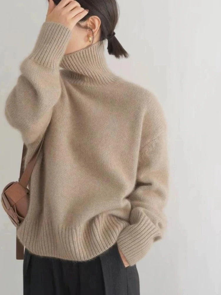 Organic Merino Wool Loose Fit Turtleneck Sweater for Women in Brown, Gray, Beige