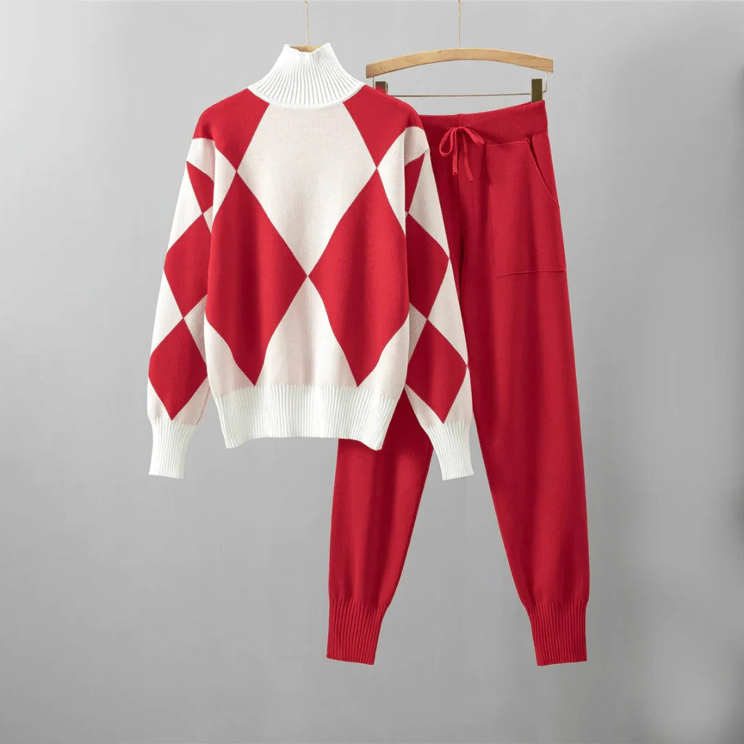 2-Piece Knit Tracksuit for Women - Warm Sweater and Pants Set in Beige, Red, Blue, Black, Sizes S to 2XL